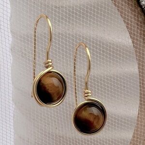 Tigers Eye Gold Wire Wrapped Minimalist Earrings